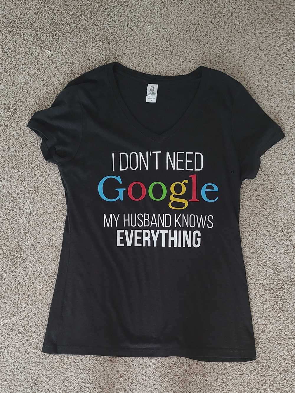 District Black V-Neck Tee with Multicolor 'Google' Style Print